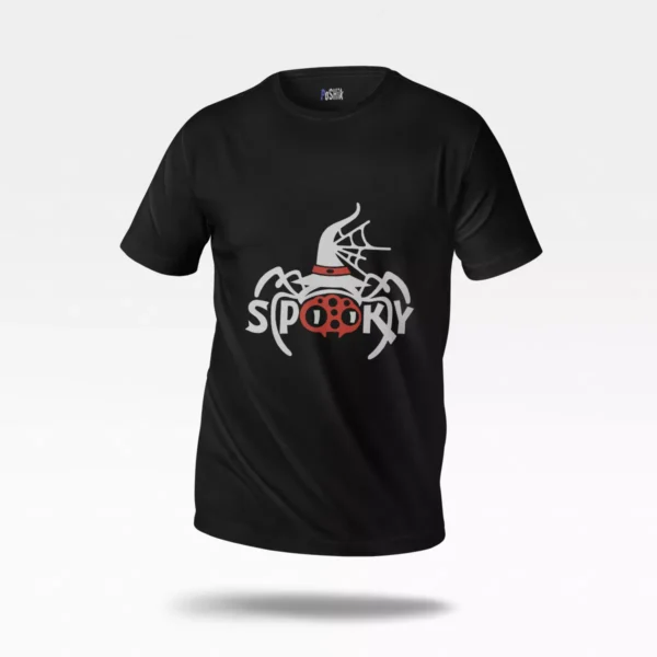 تیشرت هالوین طرح عنکبوت فانتزی با کلاه جادوگری روی تار و نوشته Spooky