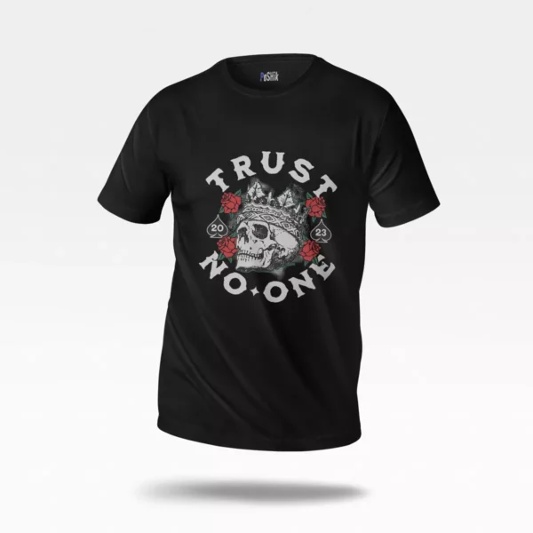 تیشرت اسکلت طرح جمجمه پادشاه با گل‌های رز (Trust No One)