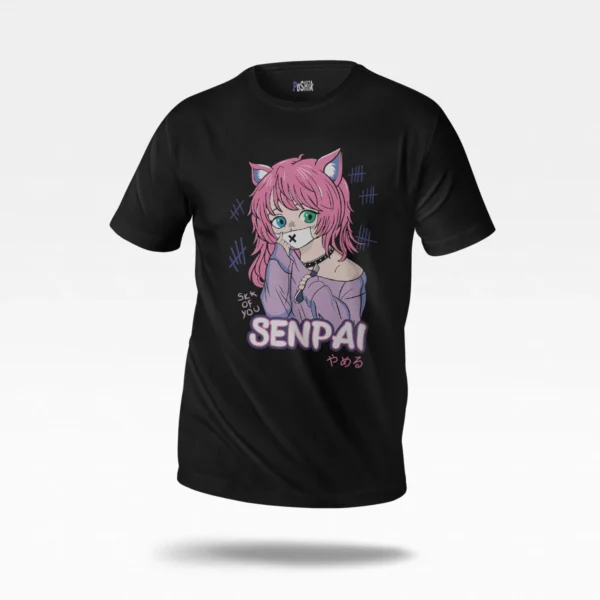 تیشرت انیمه دخترانه طرح گربه‌ای Senpai