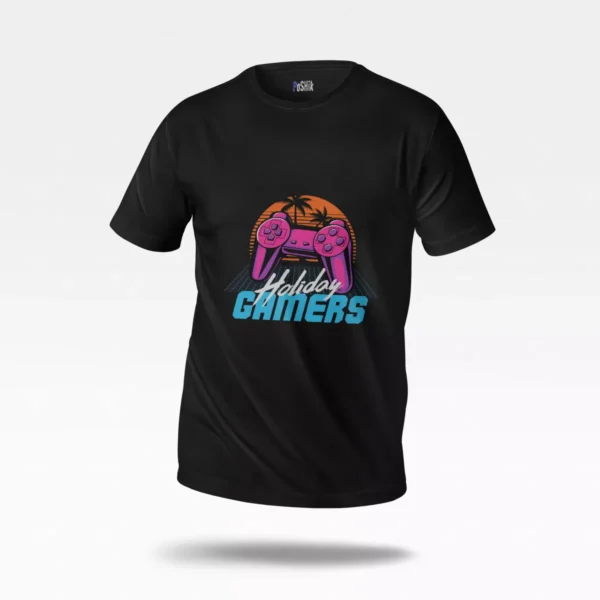 تیشرت گیمینگ طرح دسته بازی صورتی نئونی رترو با نوشته Holiday Gamers