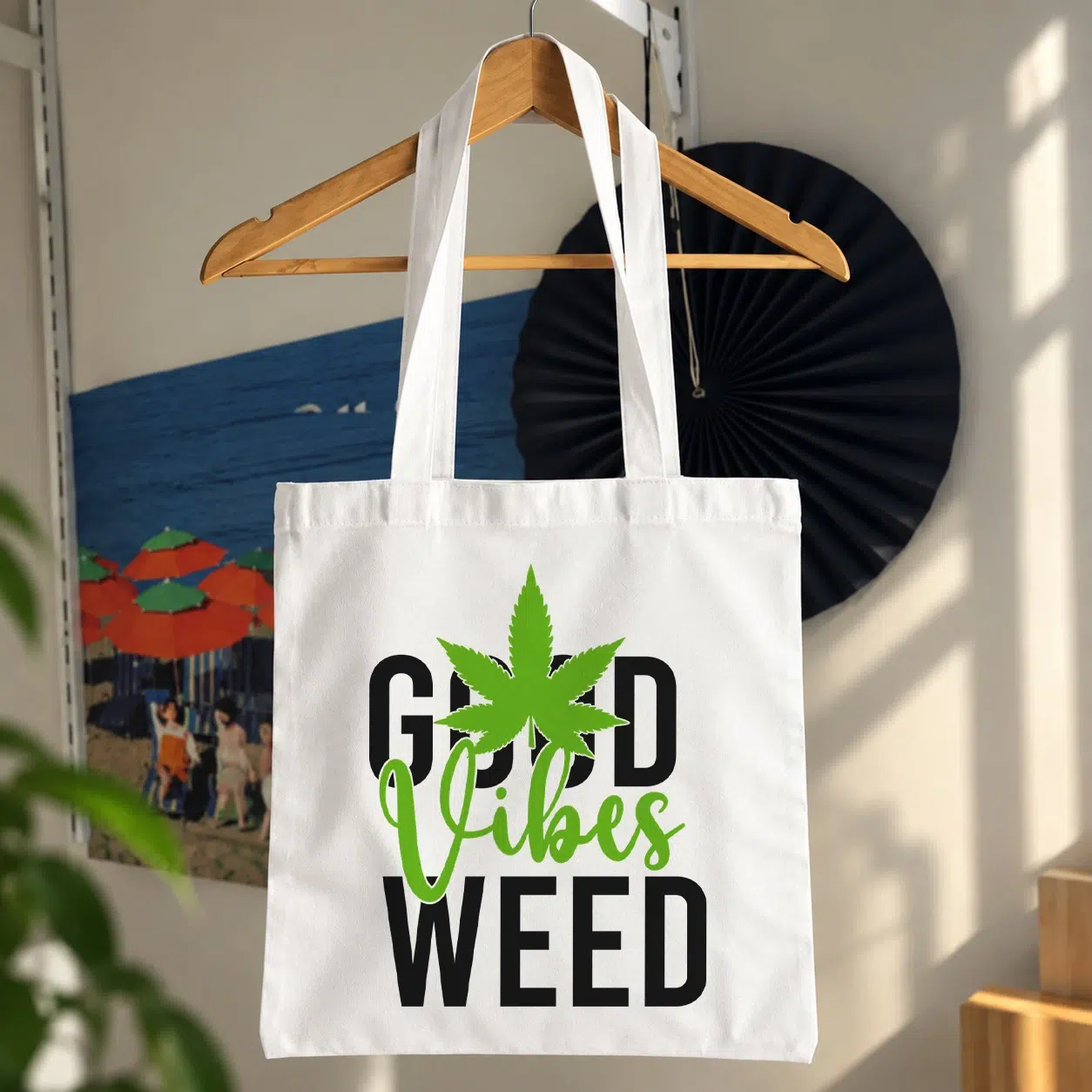 توت بگ طرح تایپوگرافی Good Vibes Weed با برگ سبز