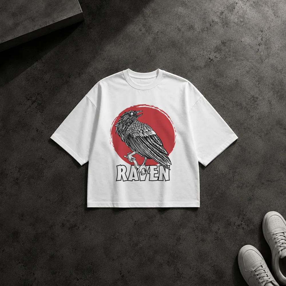 تیشرت باکسی کلاغ طرح Raven و خورشید قرمز