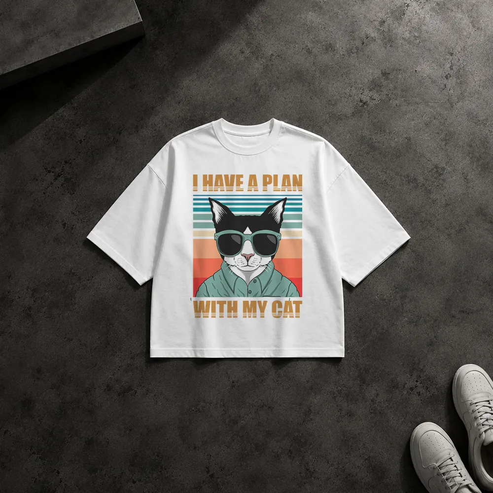 تیشرت باکسی گربه طرح عینک آفتابی I Have a Plan With My Cat