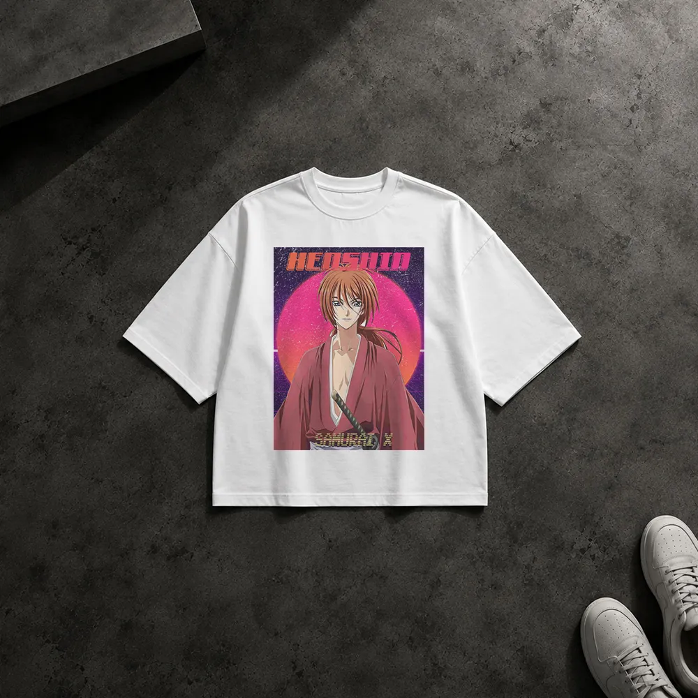 تیشرت باکسی انیمه روروونی کنشین طرح غروب صورتی (Samurai X)