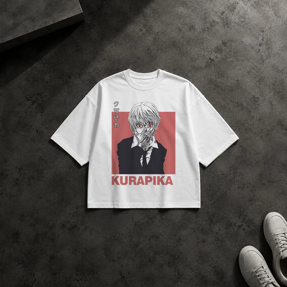 تیشرت باکسی انیمه هانتر ایکس هانتر طرح کوراپیکا سفید قرمز (Kurapika)