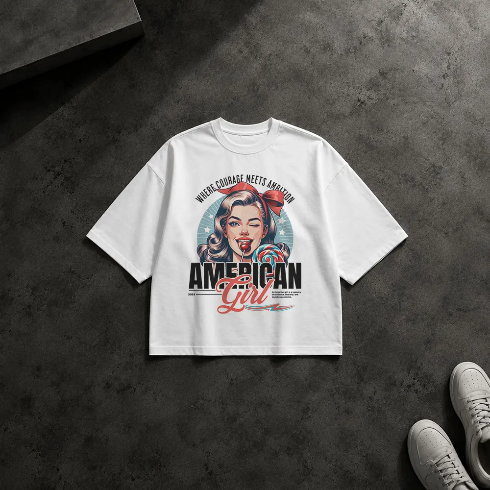 تیشرت باکسی دختر پین‌آپ طرح American Girl