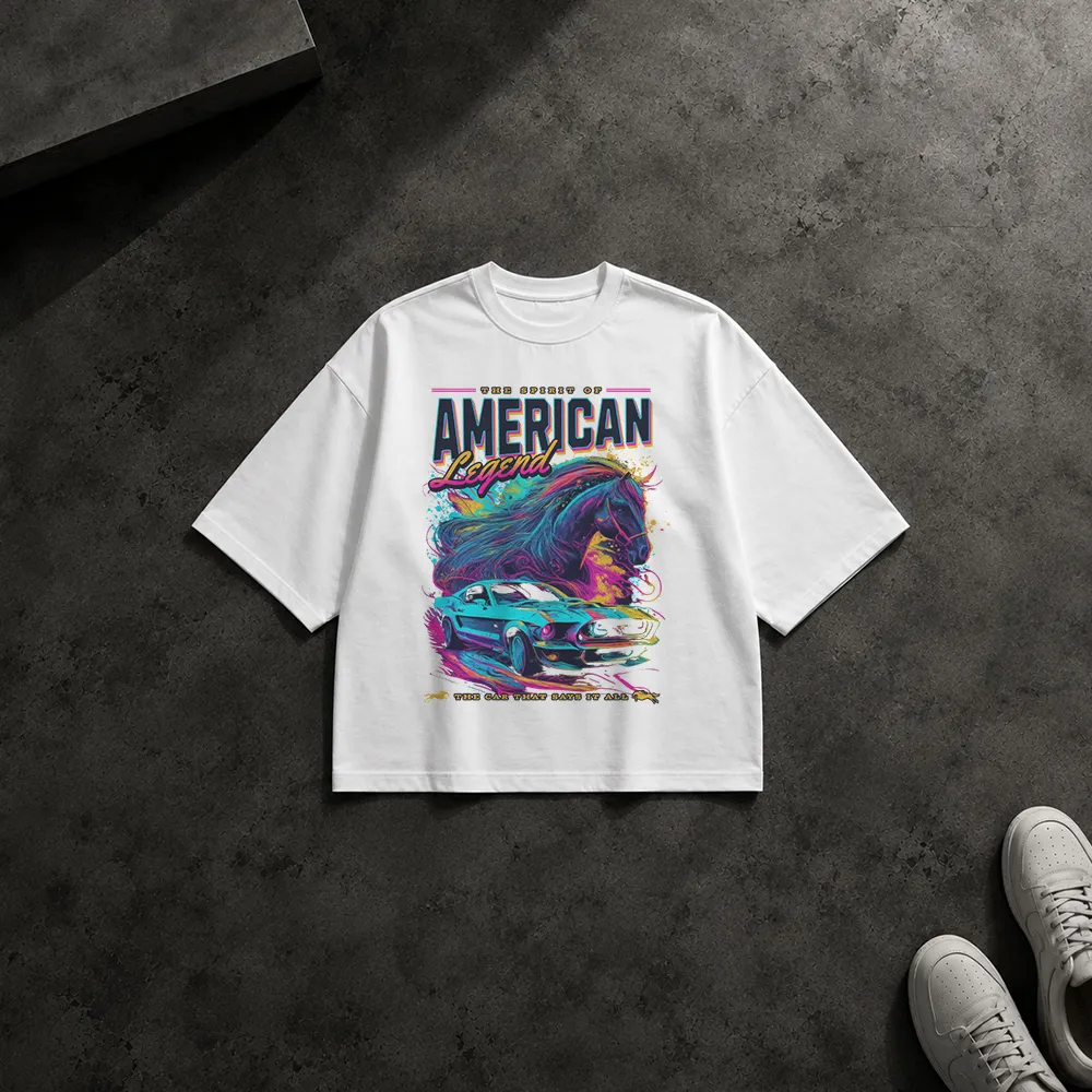 تیشرت باکسی خودرو طرح اسب و ماشین کلاسیک American Legend