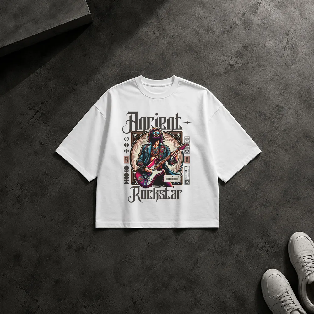 تیشرت باکسی طرح خواننده گیتاریست باستانی Ancient Rockstar