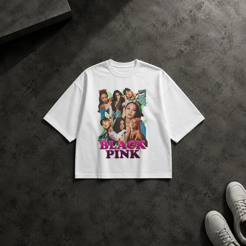 تیشرت باکسی گروه بلک‌پینک طرح کلاژ رنگی (BLACKPINK)