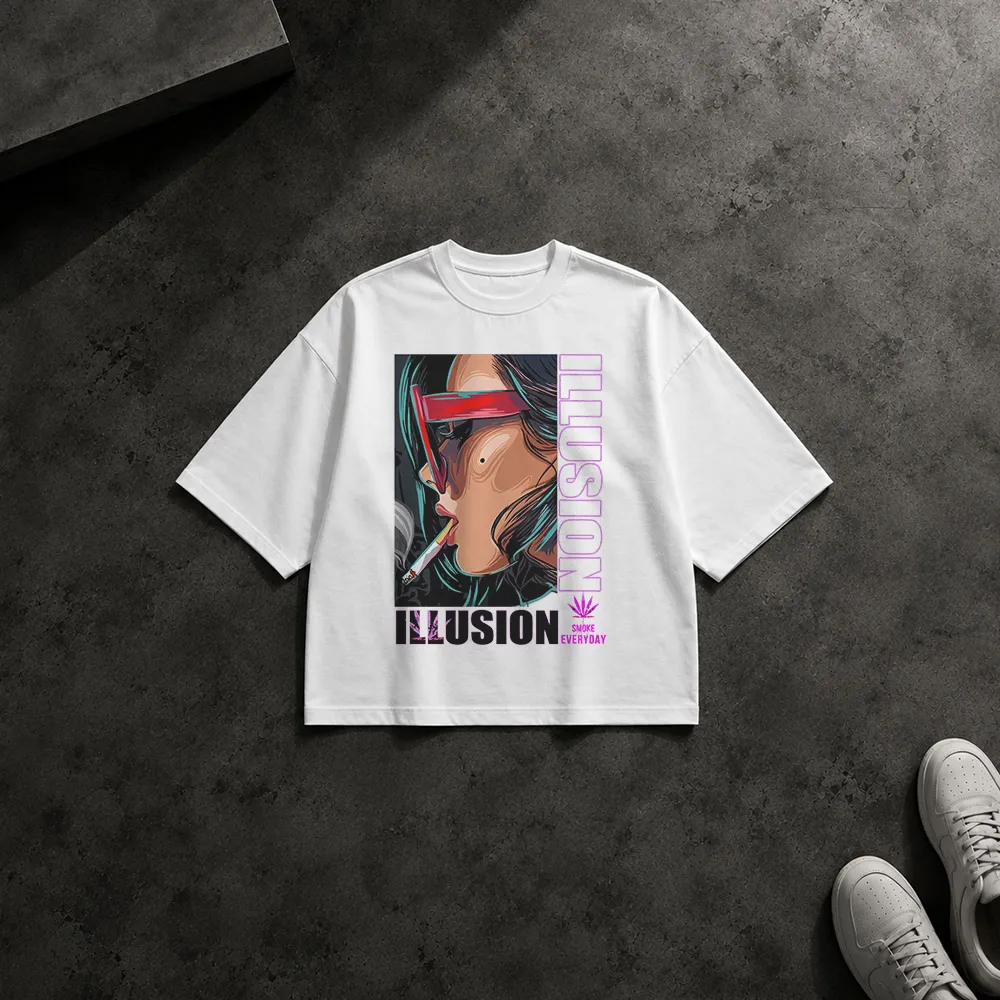 تیشرت باکسی پرتره گرافیکی با سیگار طرح Illusion و Smoke Everyday