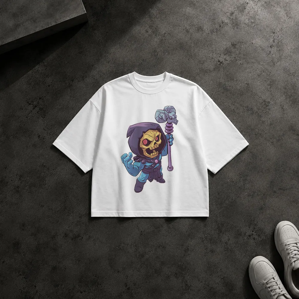 تیشرت باکسی اسکلتور طرح جادوگر کارتونی با عصا (Skeletor)