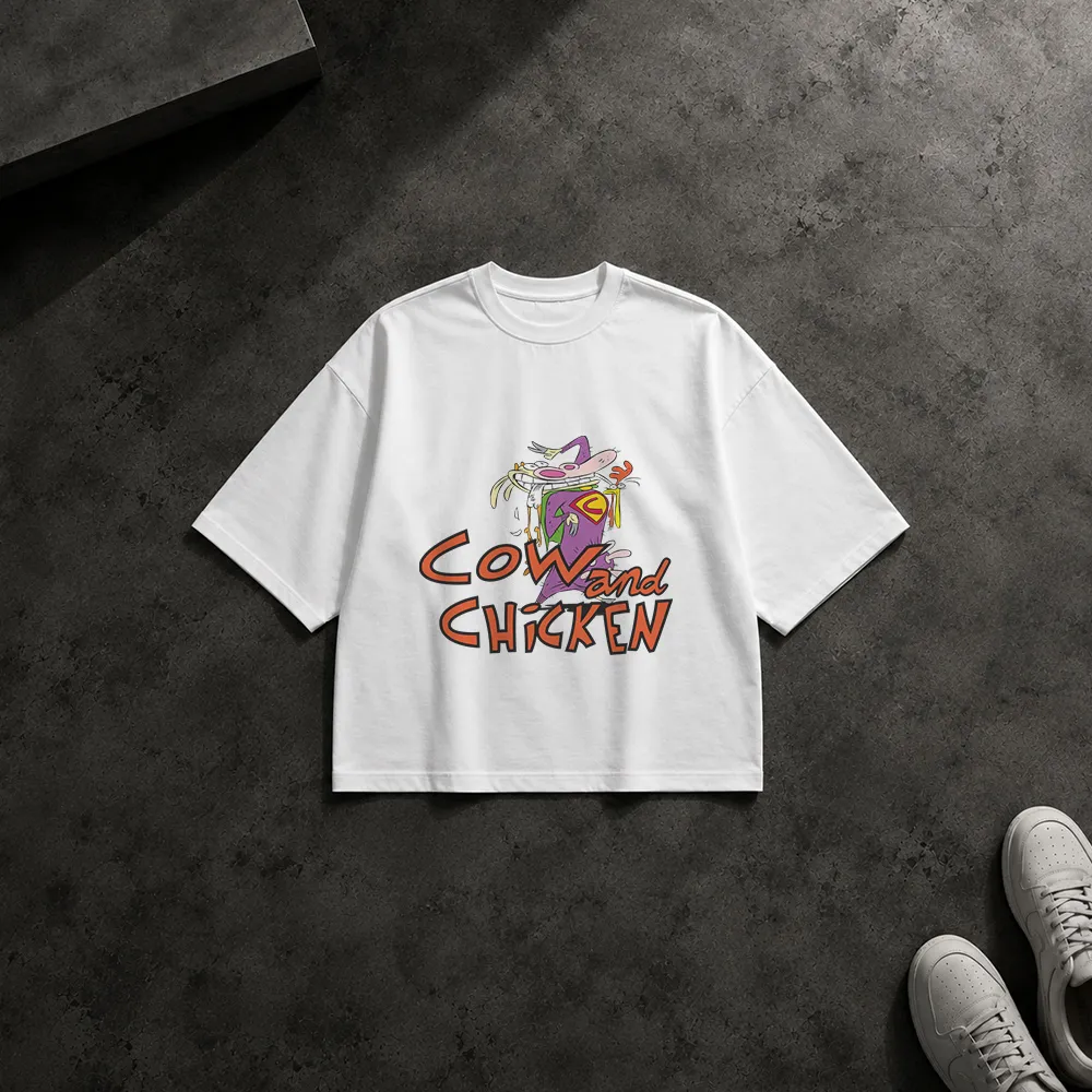 تیشرت باکسی کارتون گاو و مرغ طرح رنگی (Cow and Chicken)
