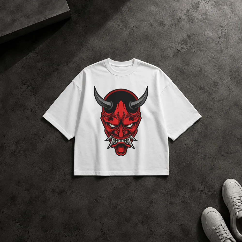 تیشرت باکسی طرح ماسک اهریمنی قرمز (Oni Mask)