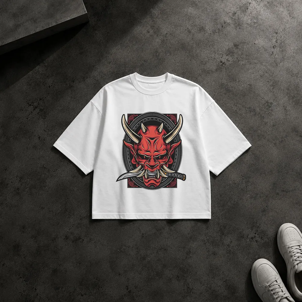 تیشرت باکسی طرح ماسک اهریمنی با شمشیر (Oni Mask)