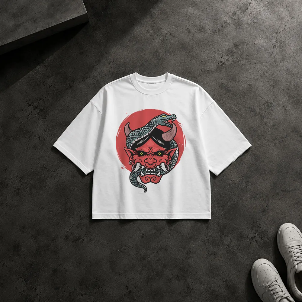 تیشرت باکسی مار طرح ماسک اهریمنی (Oni Snake)
