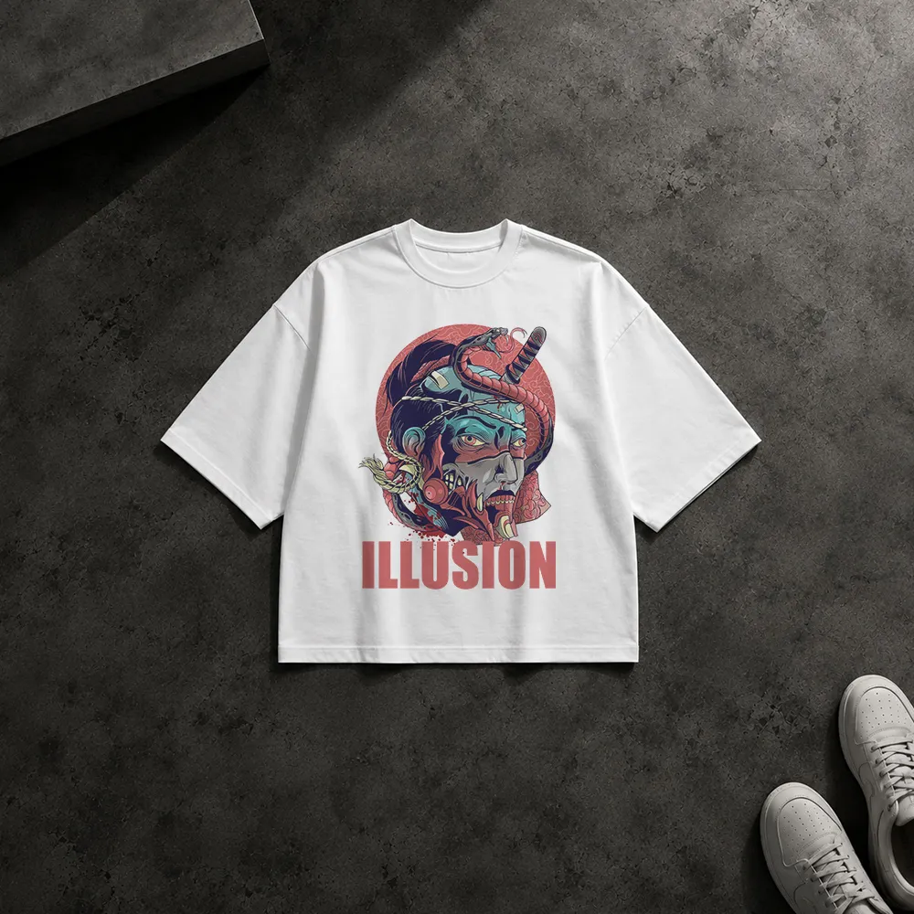 تیشرت باکسی سامورایی با ماسک و مار طرح Illusion