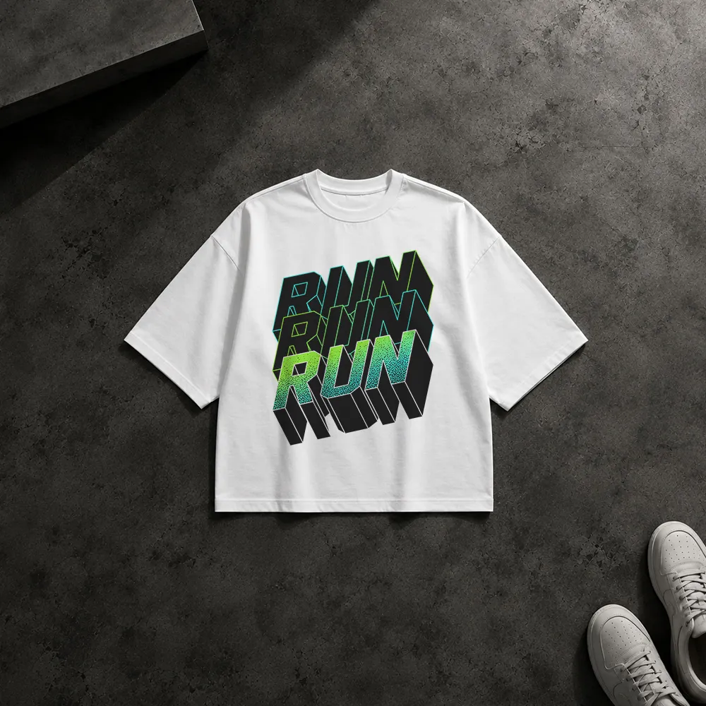 تیشرت باکسی تایپوگرافی سه‌بعدی Run Run Run سبز