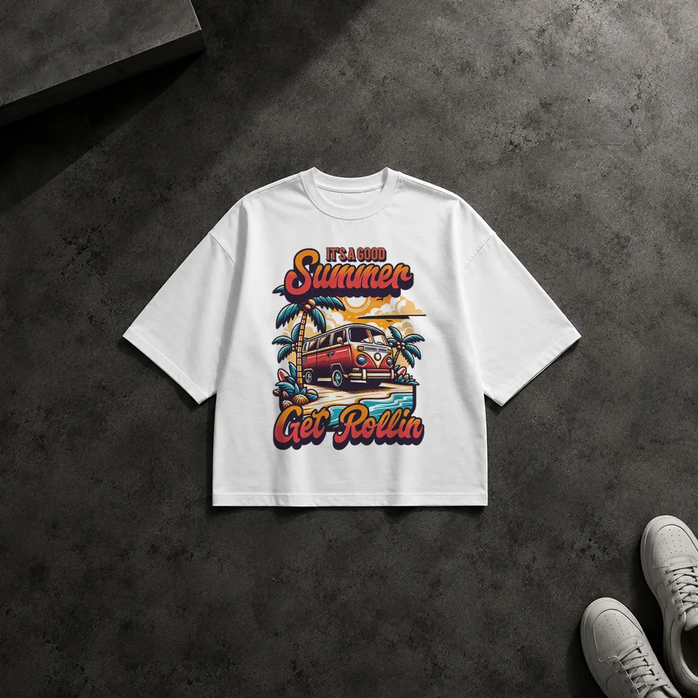 تیشرت باکسی تابستانی طرح ون ساحلی It's A Good Summer