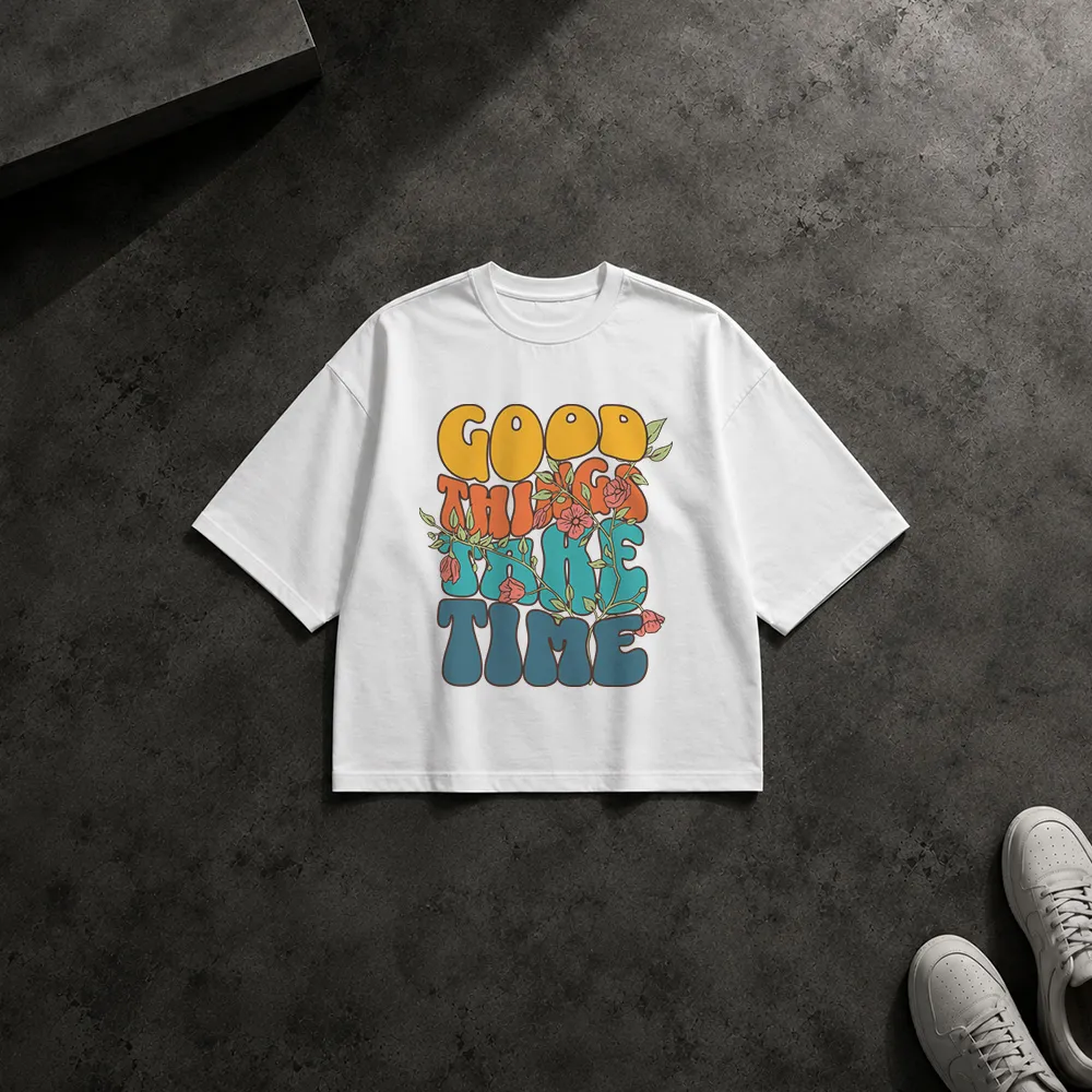 تیشرت باکسی تایپوگرافی رترو Good Things Take Time