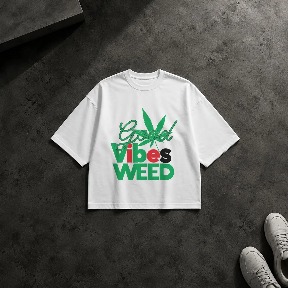 تیشرت باکسی طرح تایپوگرافی Good Vibes Weed با برگ