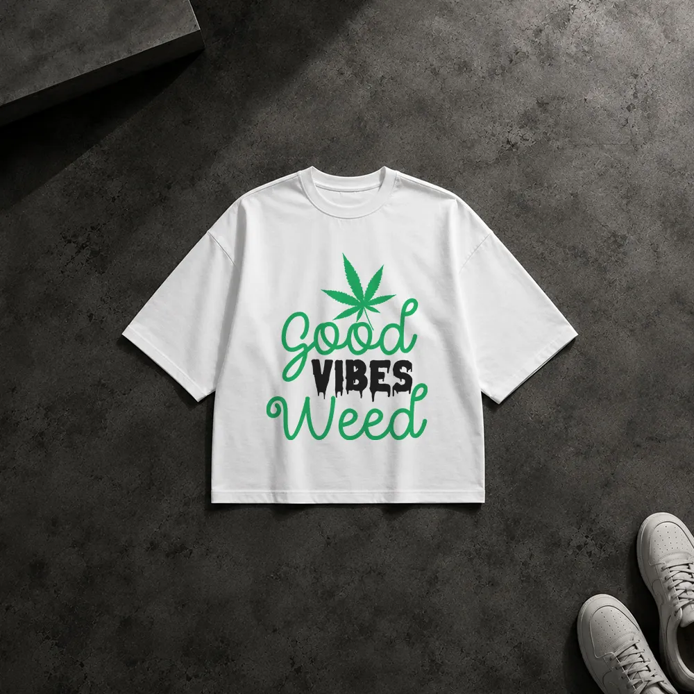 تیشرت باکسی طرح تایپوگرافی سبز Good Vibes Weed
