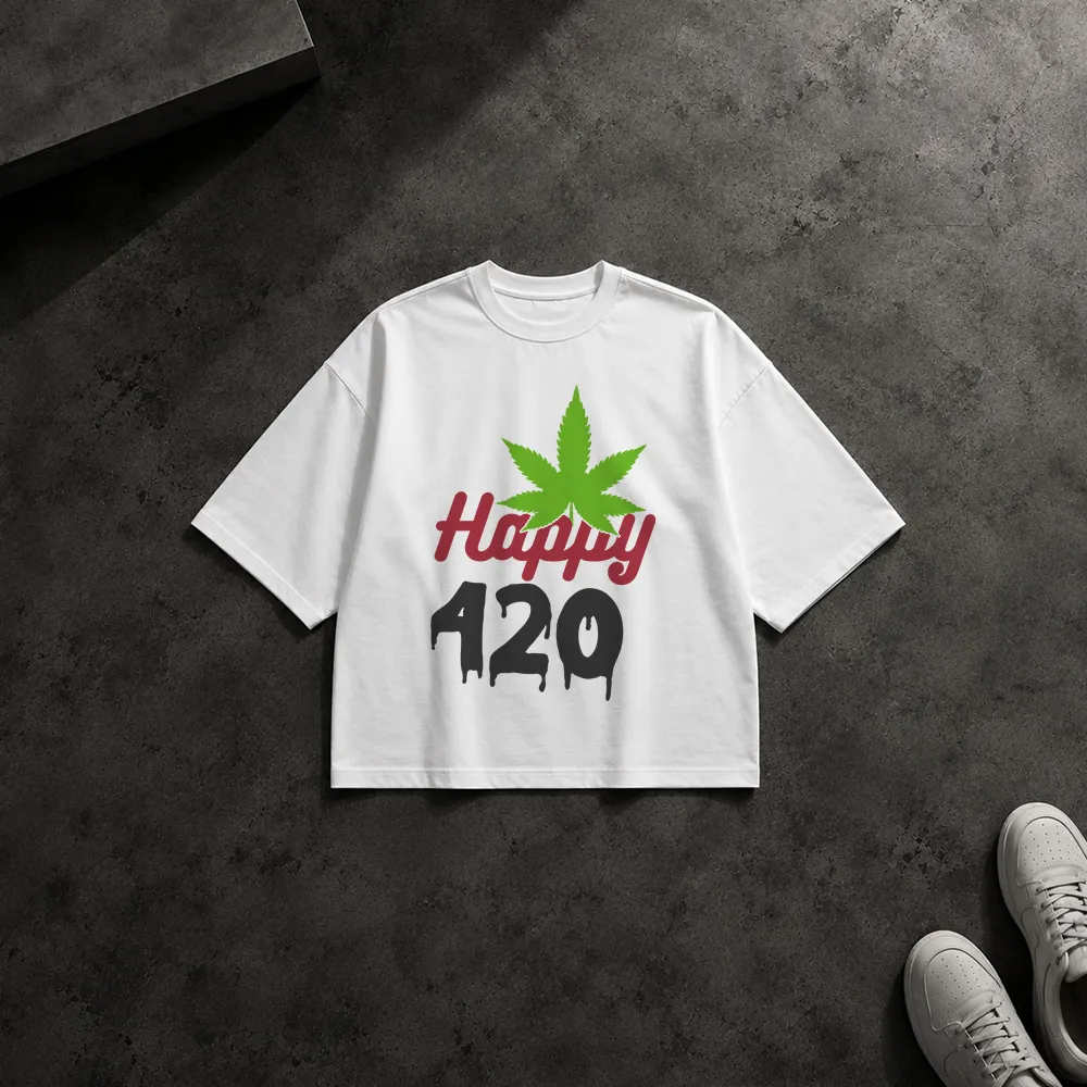 تیشرت باکسی ماری‌جوانا طرح تایپوگرافی Happy 420