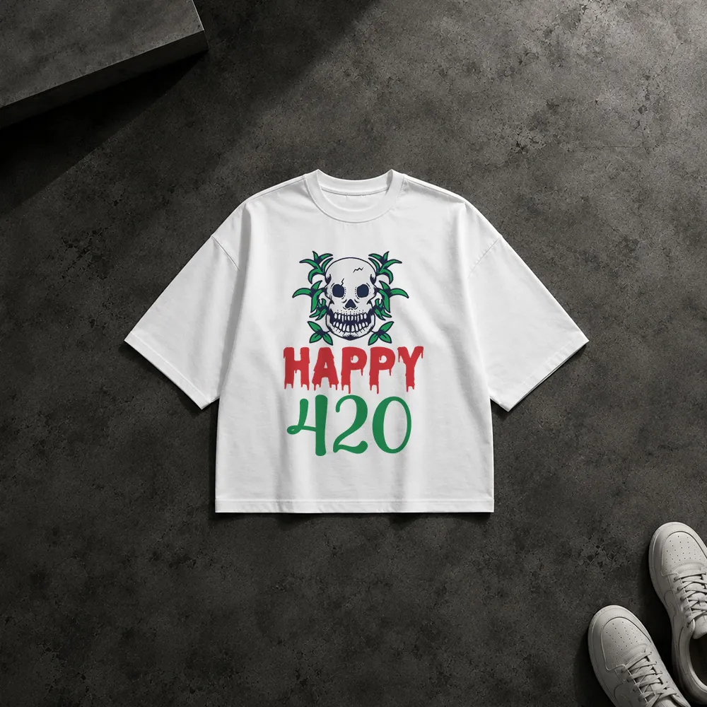 تیشرت باکسی ماری‌جوانا و جمجمه طرح Happy 420