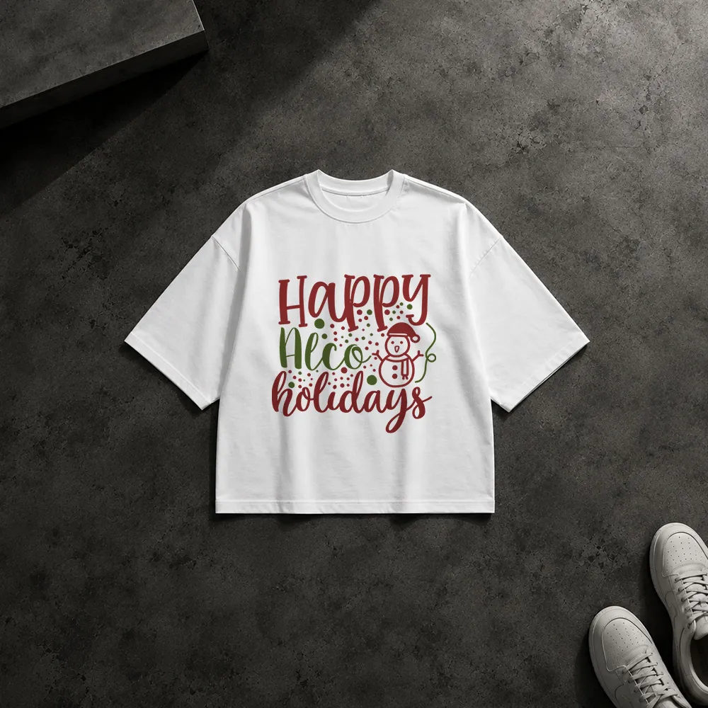 تیشرت باکسی کریسمس طرح تایپوگرافی Happy Holidays