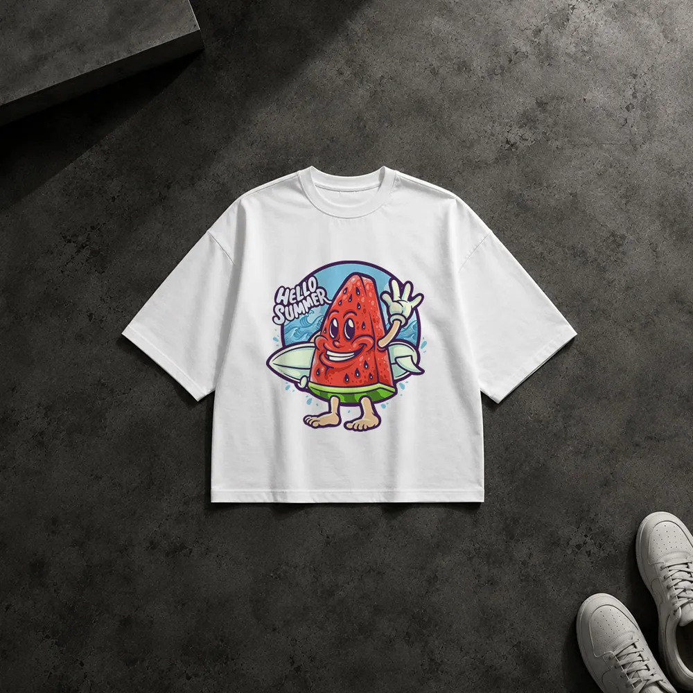 تیشرت باکسی تابستانی طرح هندوانه کارتونی Hello Summer