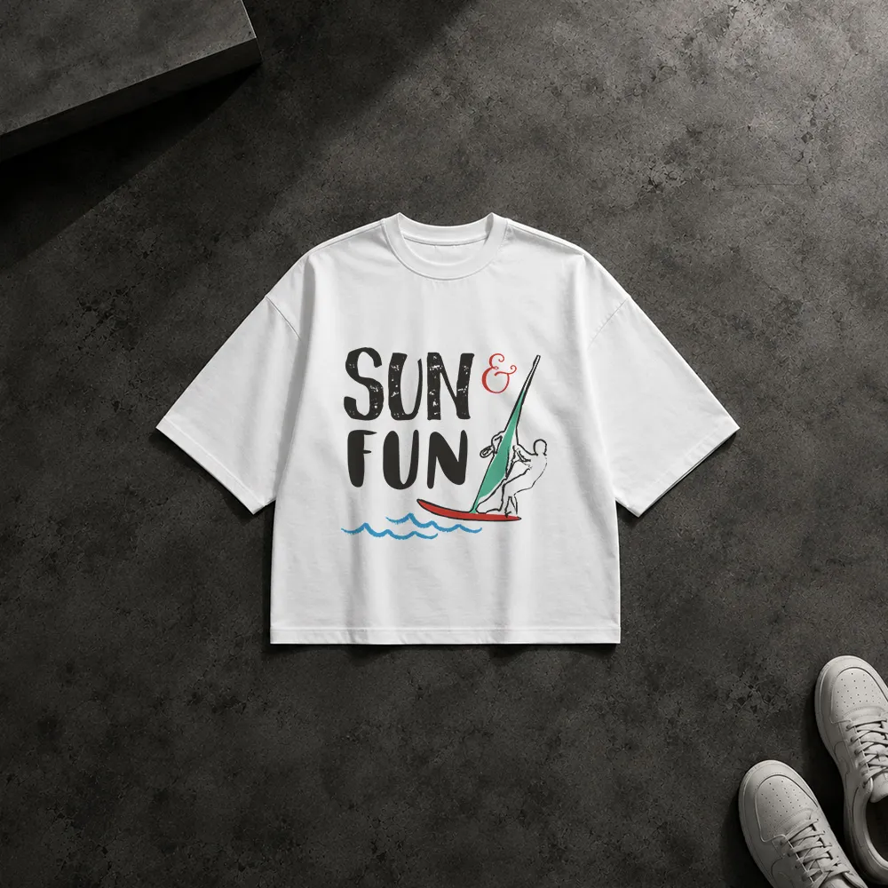 تیشرت باکسی تابستانی طرح موج‌سواری Sun and Fun