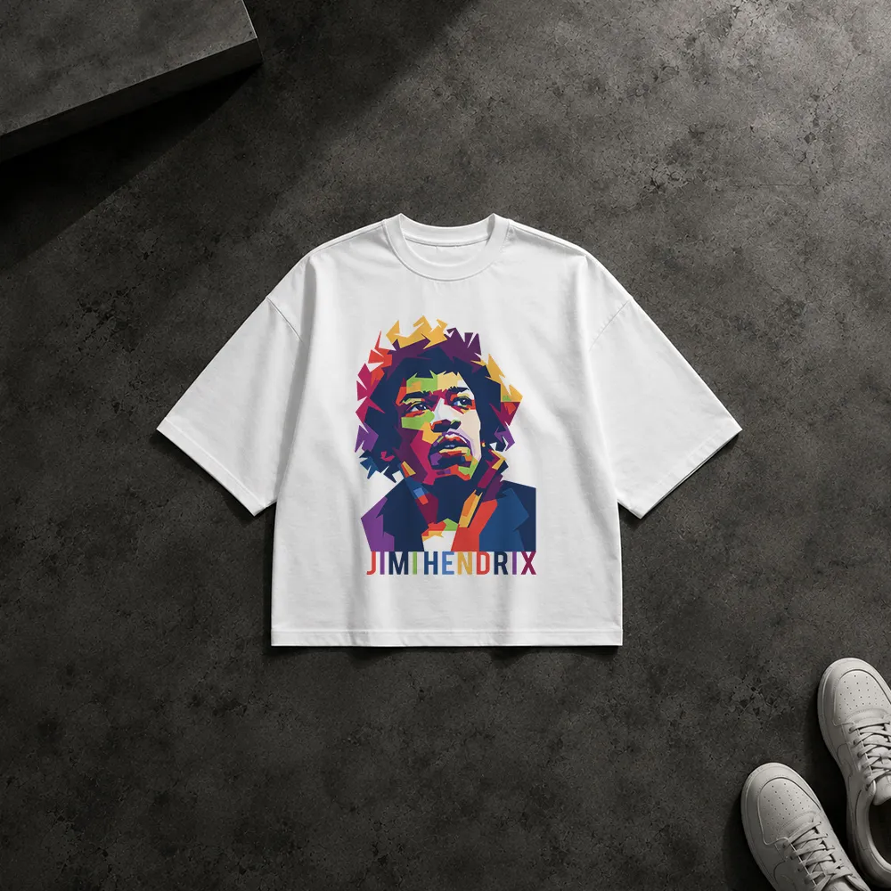 تیشرت باکسی جیمی هندریکس طرح پرتره هندسی رنگارنگ (Jimi Hendrix)