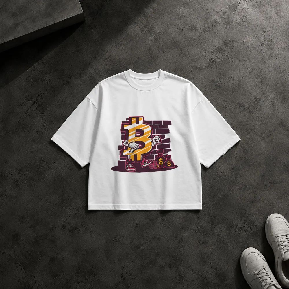 تیشرت باکسی بیت‌کوین طرح لوگوی گرافیتی و پول (Bitcoin)