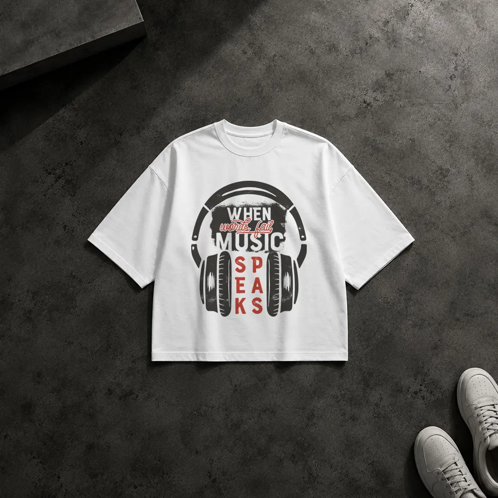 تیشرت باکسی هدفون طرح When Words Fail Music Speaks