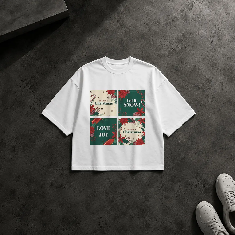 تیشرت باکسی کریسمس طرح کلاژ Let It Snow و Love Joy