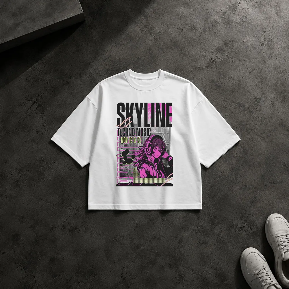 تیشرت باکسی انیمه طرح Skyline Techno Music