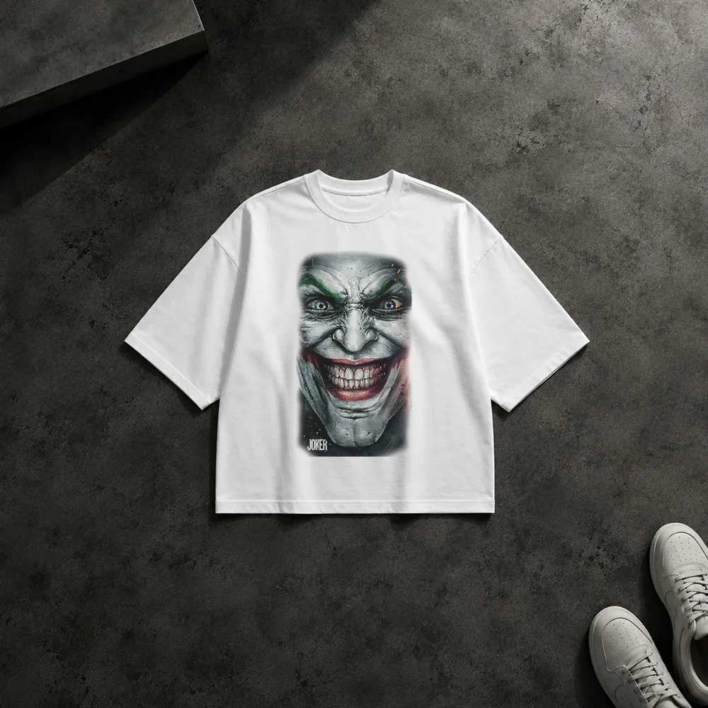 تیشرت باکسی جوکر طرح لبخند ترسناک سیاه‌وسفید