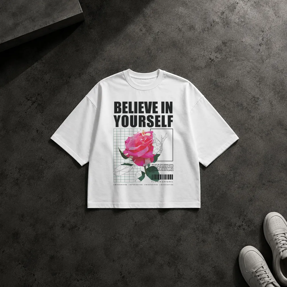 تیشرت باکسی انگیزشی Believe in Yourself با گل رز