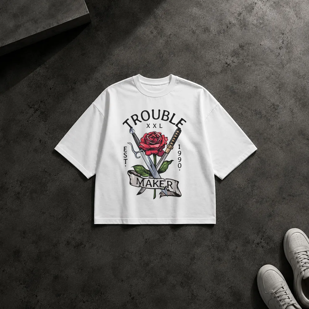 تیشرت باکسی گل رز و چاقو طرح Trouble Maker