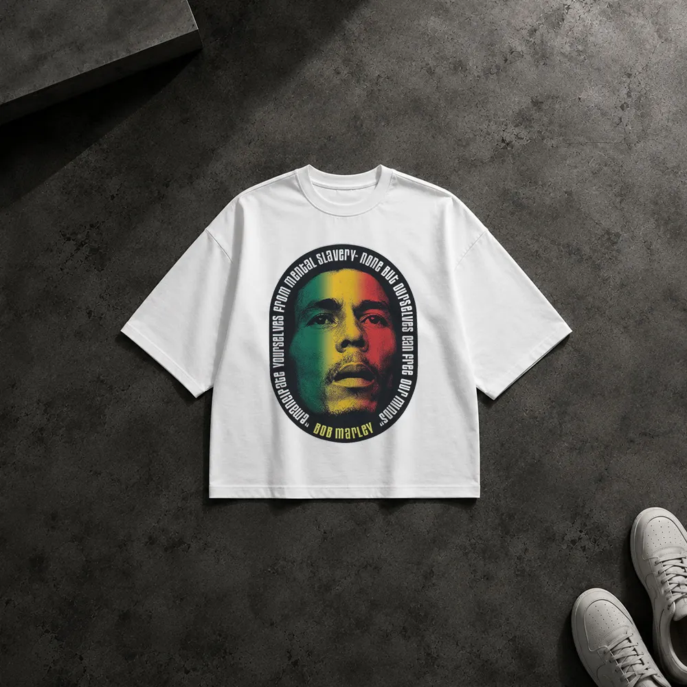 تیشرت باکسی باب مارلی طرح پرتره رنگی و متن آهنگ (Bob Marley)