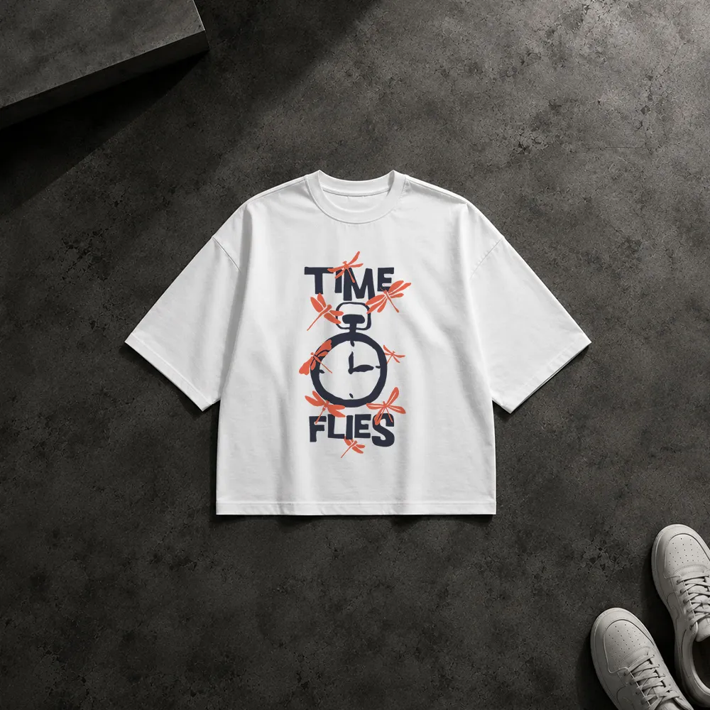 تیشرت باکسی تایپوگرافی Time Flies طرح ساعت