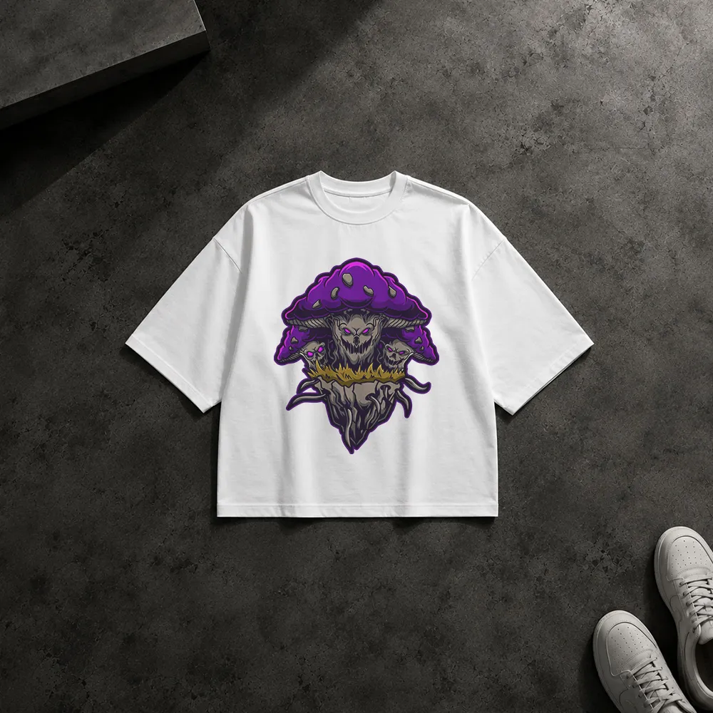 تیشرت باکسی قارچ جادویی طرح جمجمه بنفش