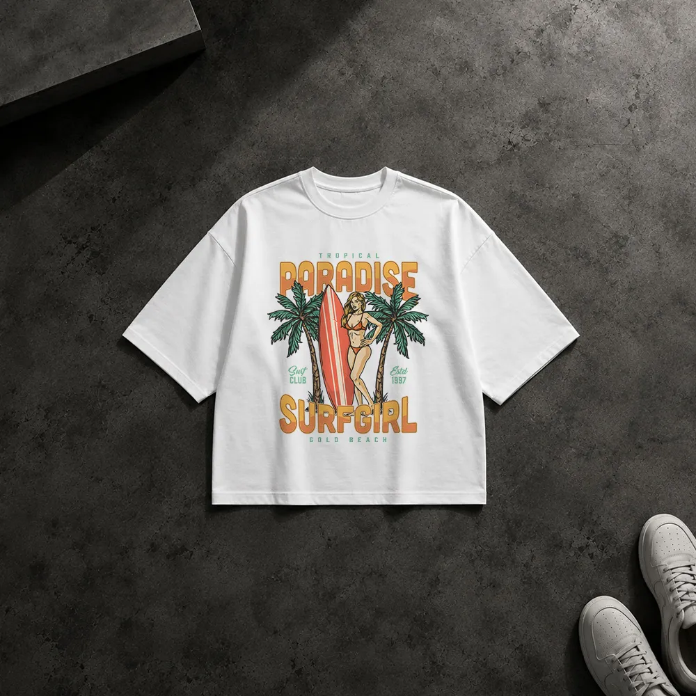 تیشرت باکسی تابستانی طرح Tropical Paradise Surfgirl