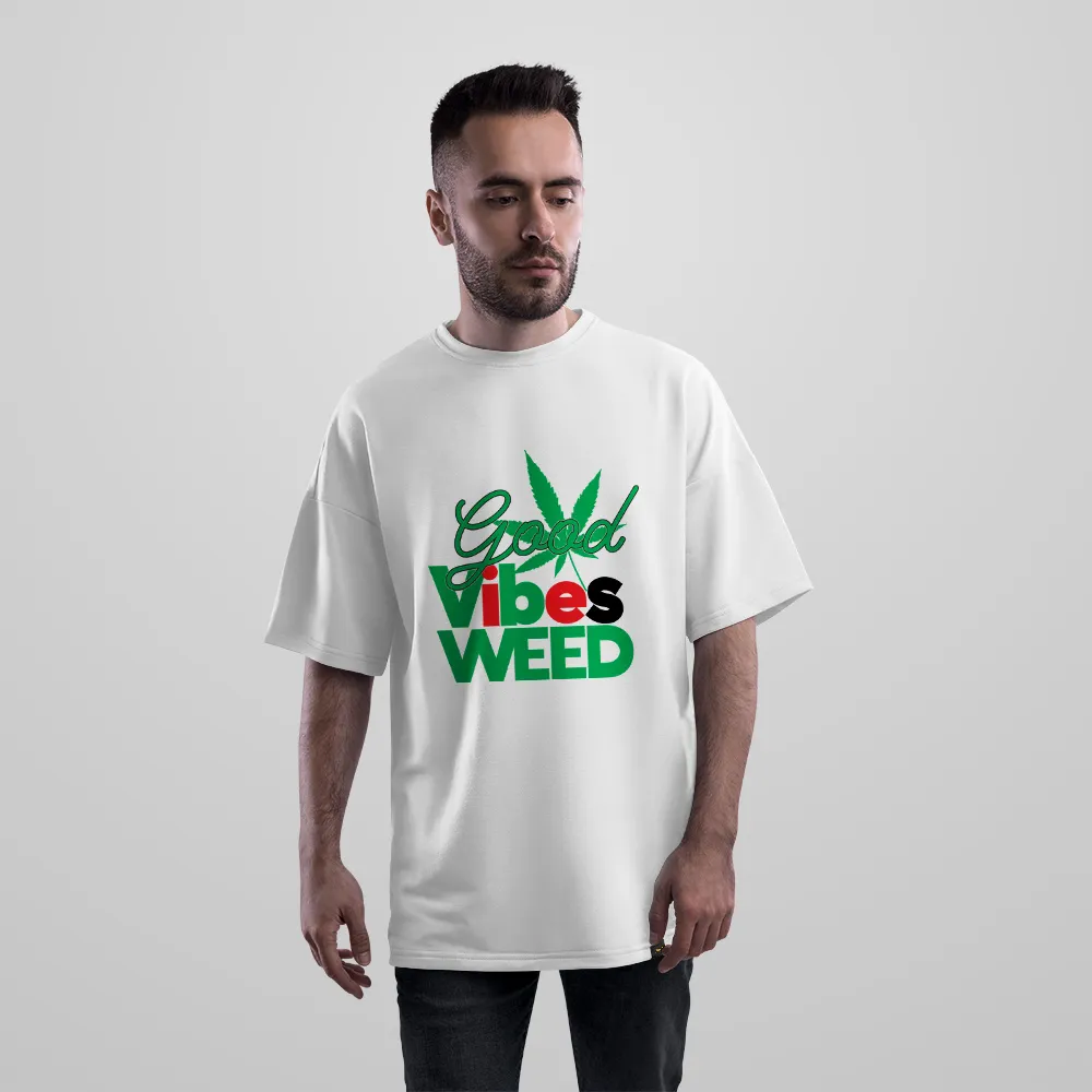 تیشرت اورسایز طرح تایپوگرافی Good Vibes Weed با برگ
