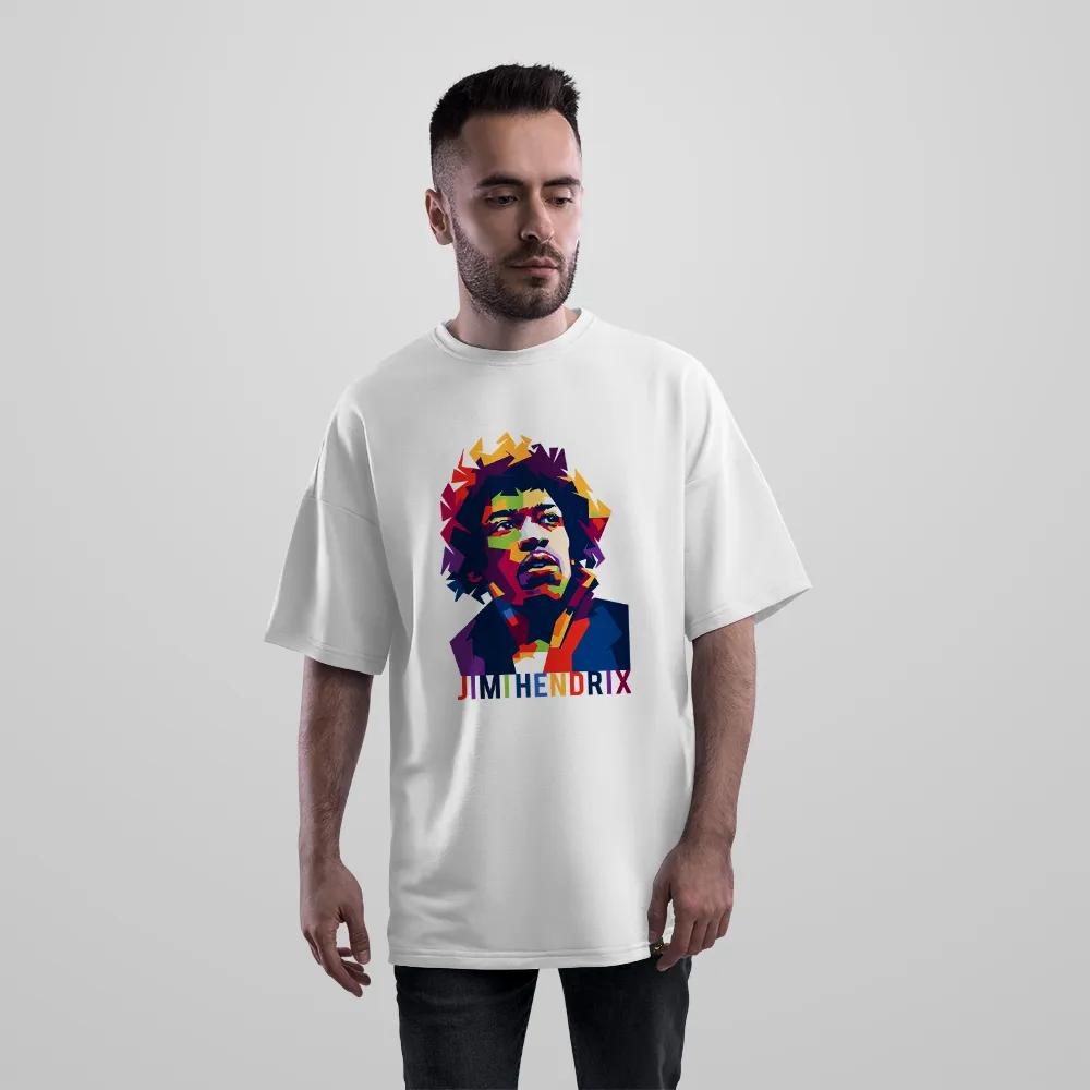 تیشرت اورسایز جیمی هندریکس طرح پرتره هندسی رنگارنگ (Jimi Hendrix)