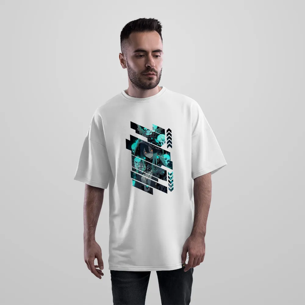 تیشرت اورسایز انیمه طرح شخصیت جنگجوی آبی با قاب هندسی
