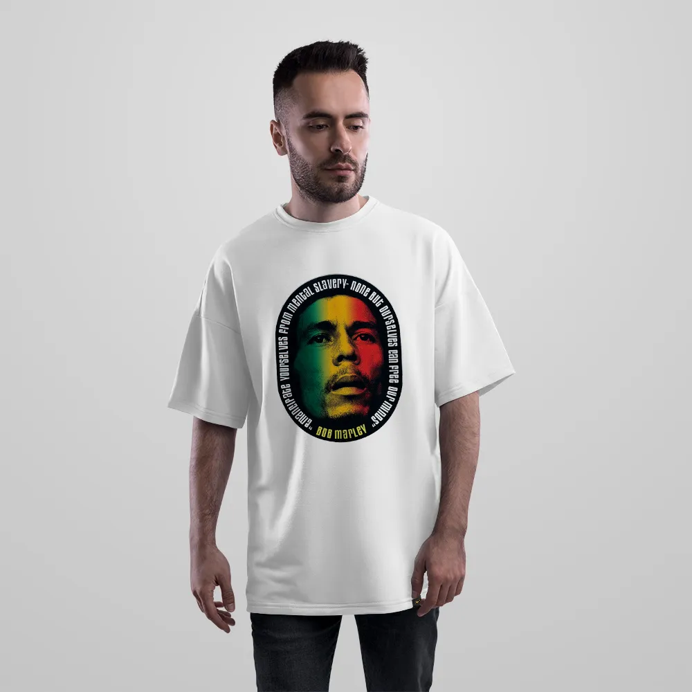 تیشرت اورسایز باب مارلی طرح پرتره رنگی و متن آهنگ (Bob Marley)