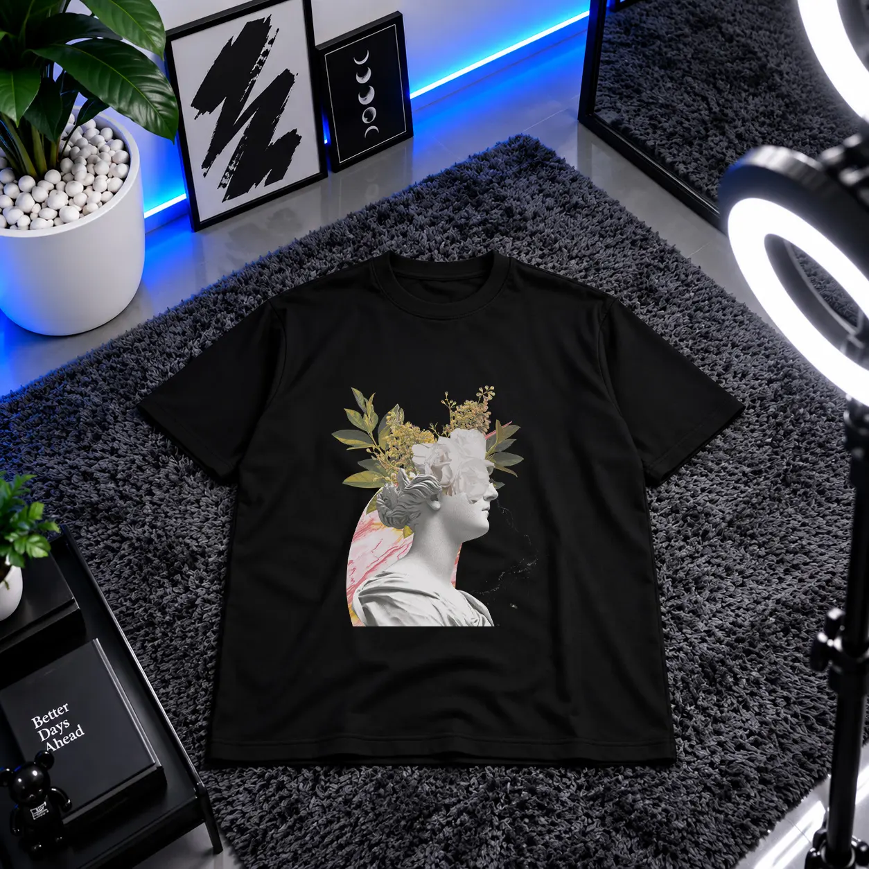 تیشرت کلاژ هنری طرح مجسمه و گل کد 12804