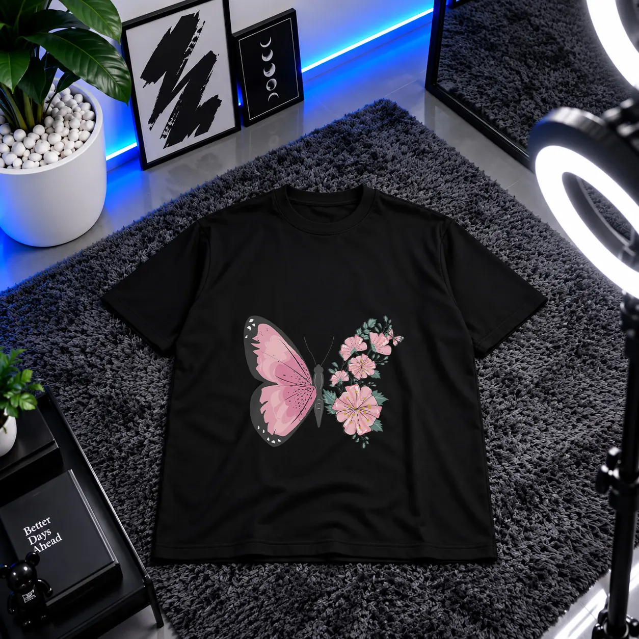 تیشرت پروانه و گل طرح مینیمال صورتی کد 13935