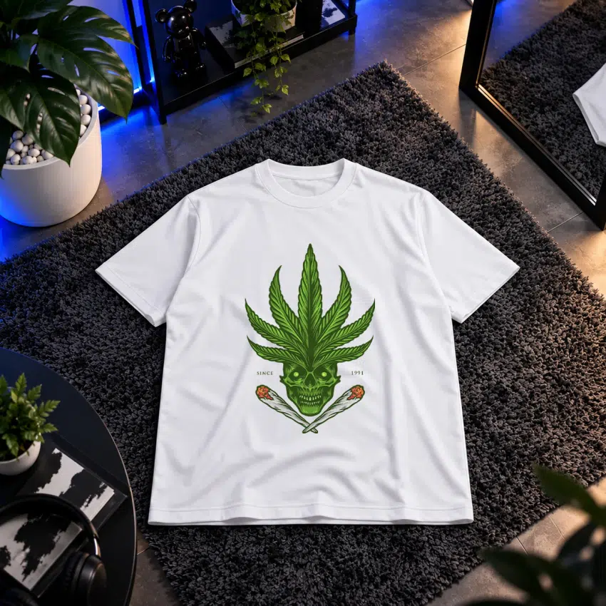 تیشرت طرح جمجمه و برگ شاهدانه