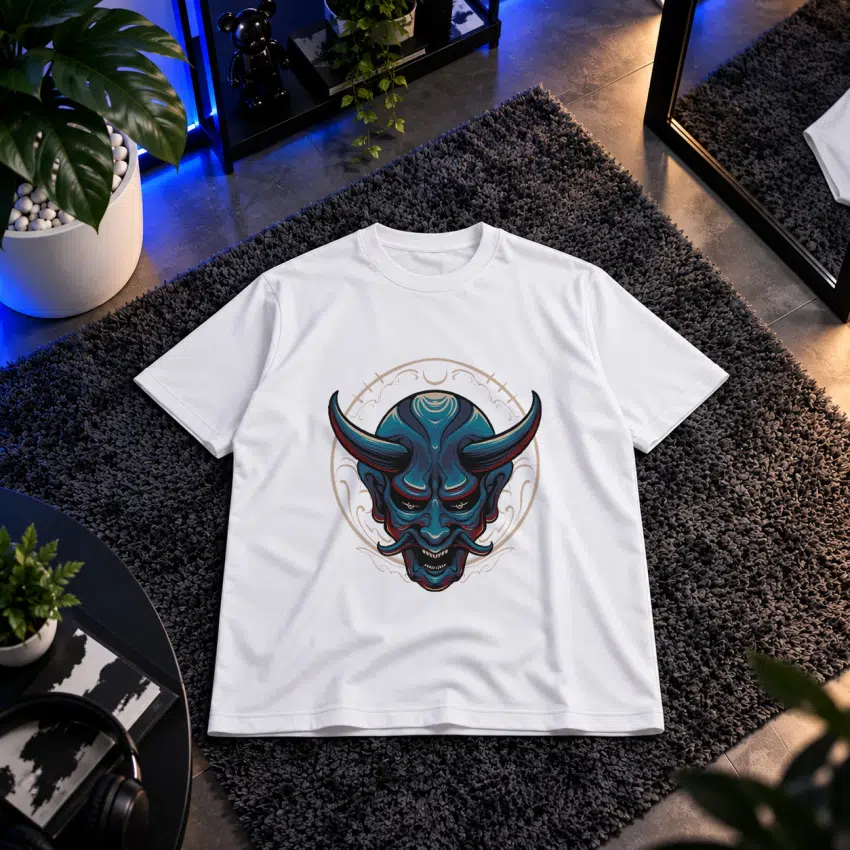 تیشرت ماسک اونی طرح آبی شاخ‌دار (Oni Mask)